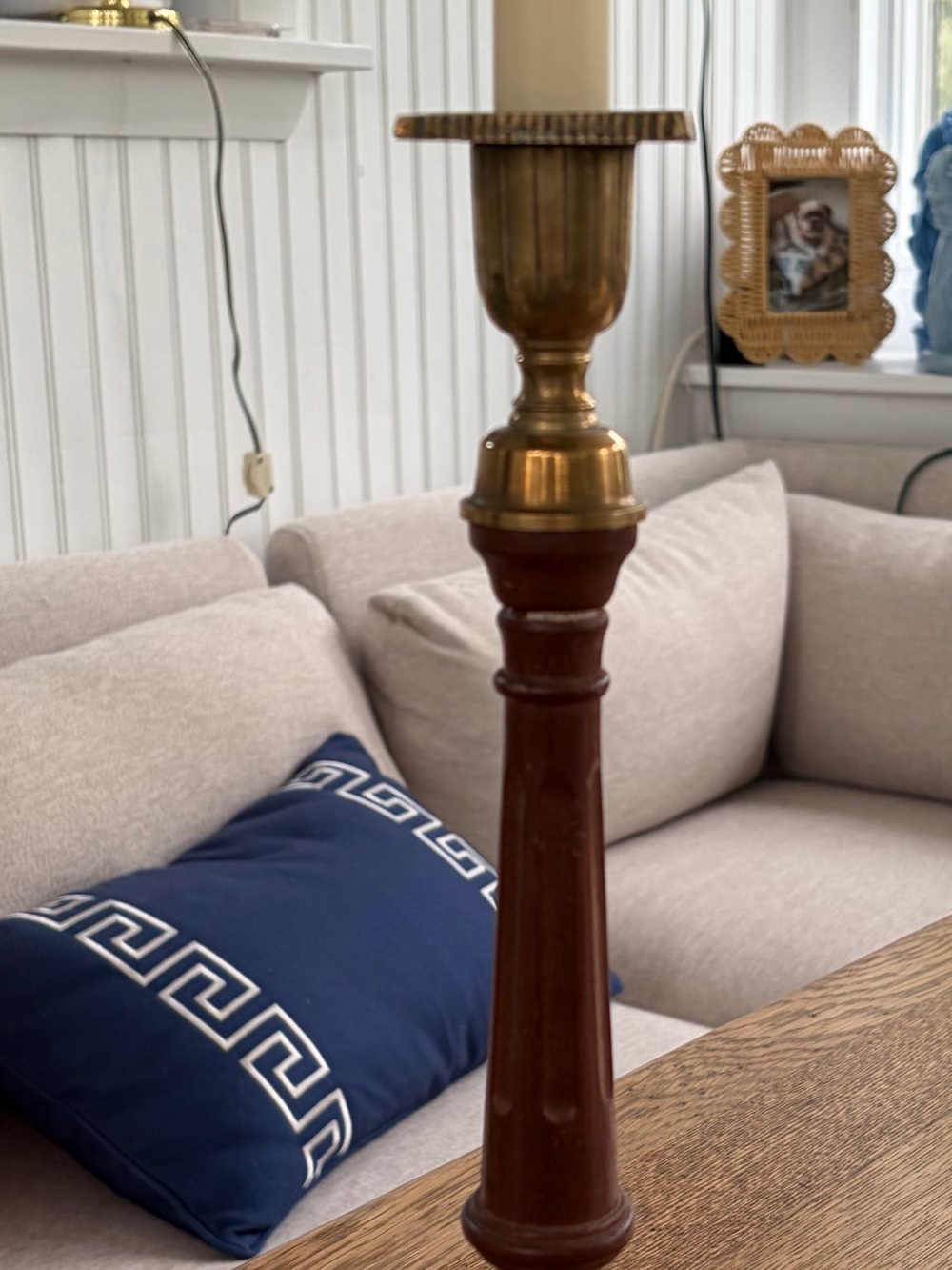 Source Unknown Brass and Brown Tall Candlestick Holder